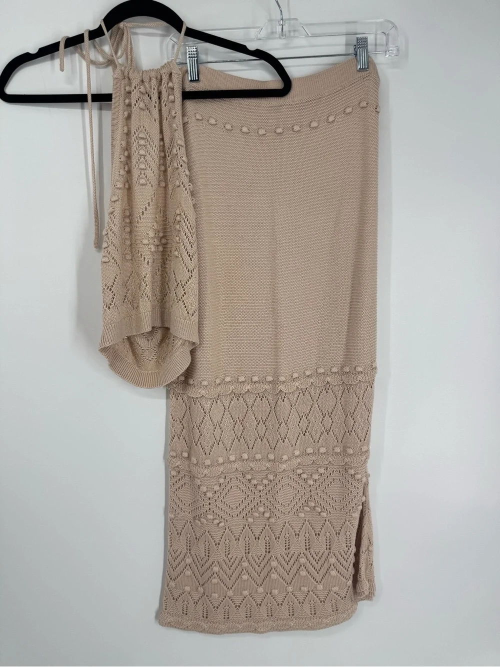 Intermix Dawson Pointelle Knit Halter & Midi Skirt Set Beige Resort Beachy